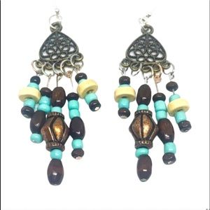 New Handmade S925 Sterling Silver Stamped Turquoise Wood Dangle Earrings
